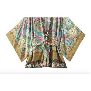 NEW ROSA CLOTHING women's boho peacock print cropped kimono in olive